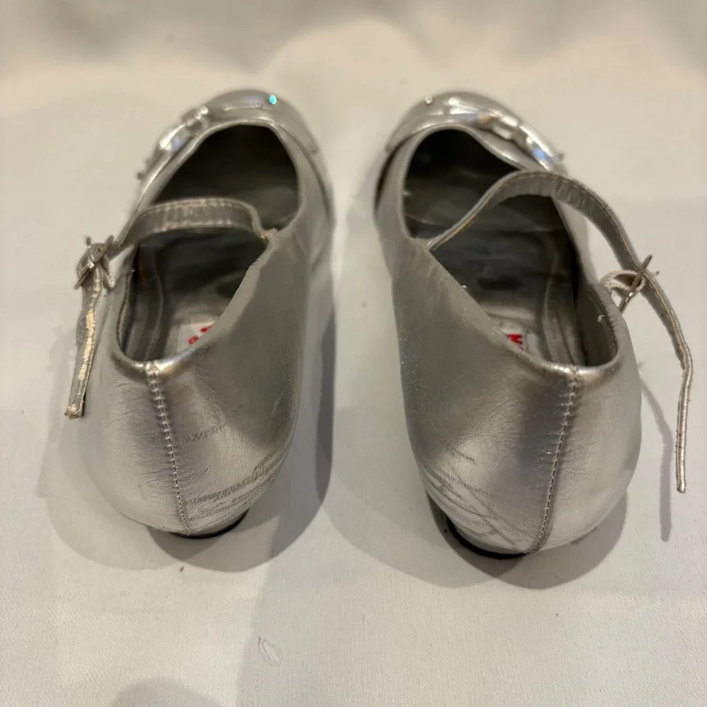 Lasonia Mary Jane Heels Girls Size 4 Silver Metallic Rhinestone Bow Dress Shoes